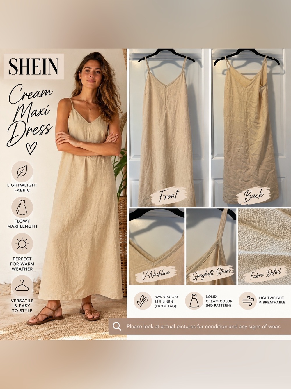 SHEIN Cream Solid Maxi Dress Size Medium